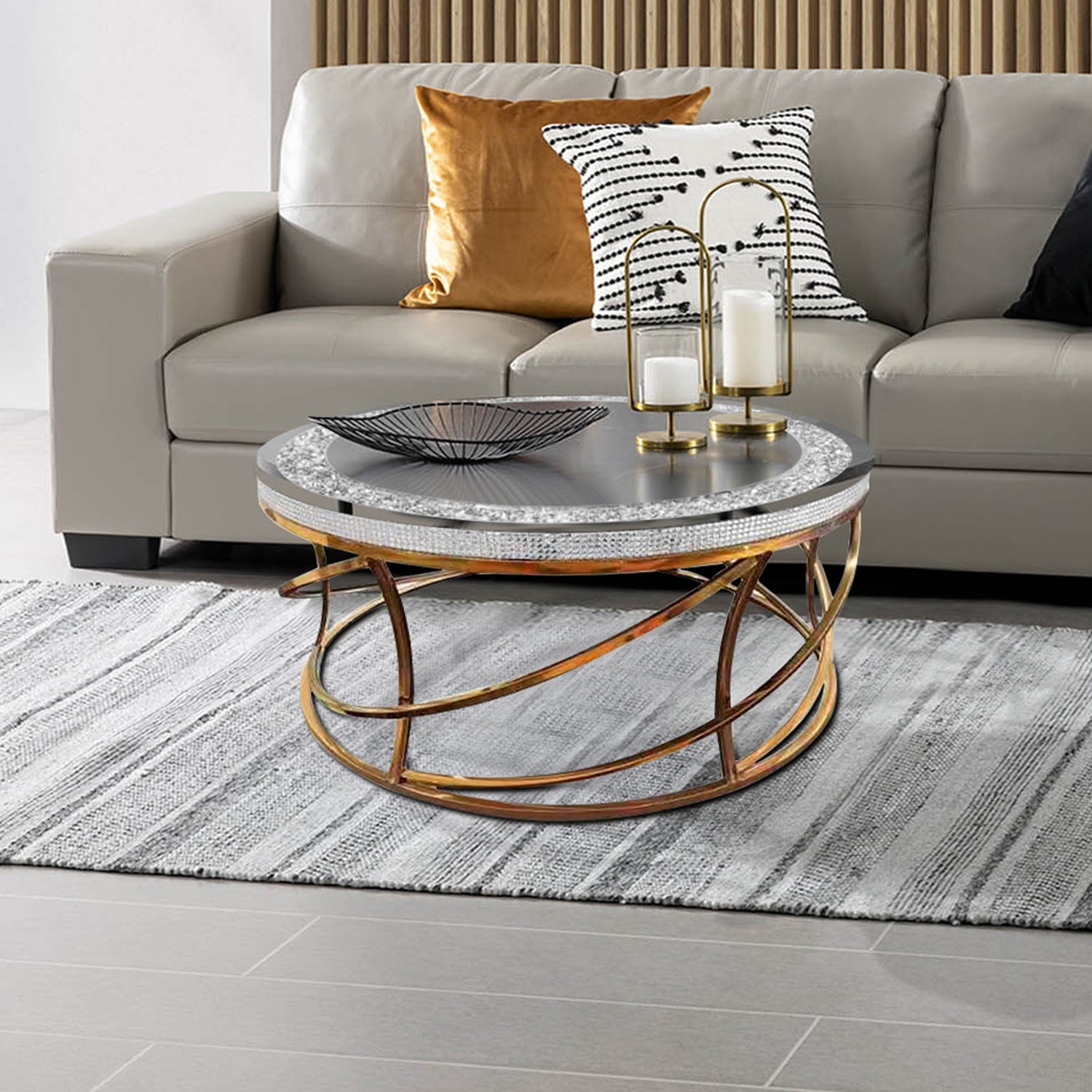 Furnings - Modern Round Mirrored Glass Top Coffee Table in Gold Stainless Steel Base