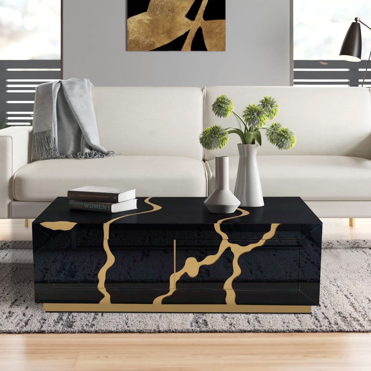 Furnings - Modern Black Coffee Table with Gold Accents and Two Drawers in A Unique and Stylish Centerpiece for Your Living Room