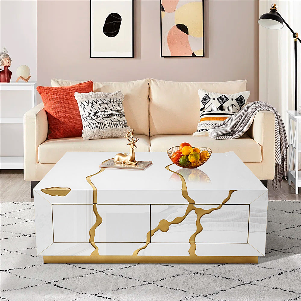 Furnings™ - Modern White Coffee Table with Gold Accents and Two Drawers - A Unique and Stylish Centerpiece for Your Living Room