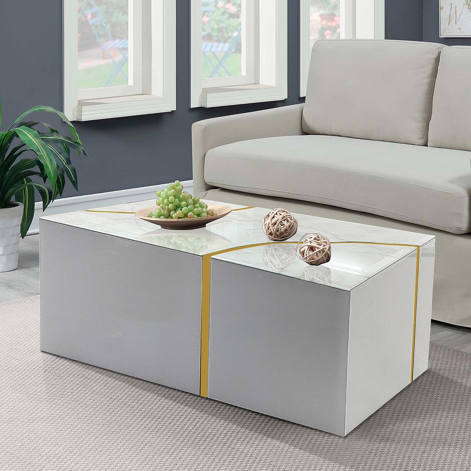 Furnings - Modern Rectangular Coffee Table in Shiny White Design with Gold Accent