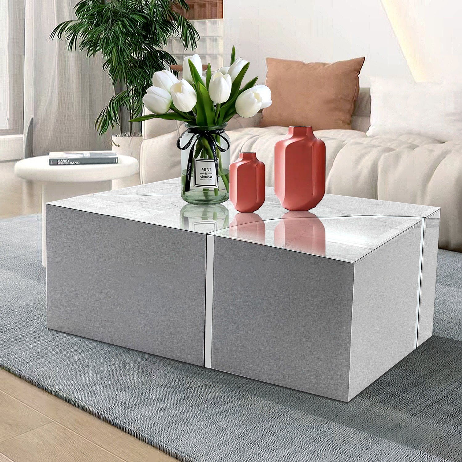 Furnings - Modern Rectangular Coffee Table in Shiny White Design with Silver Accent