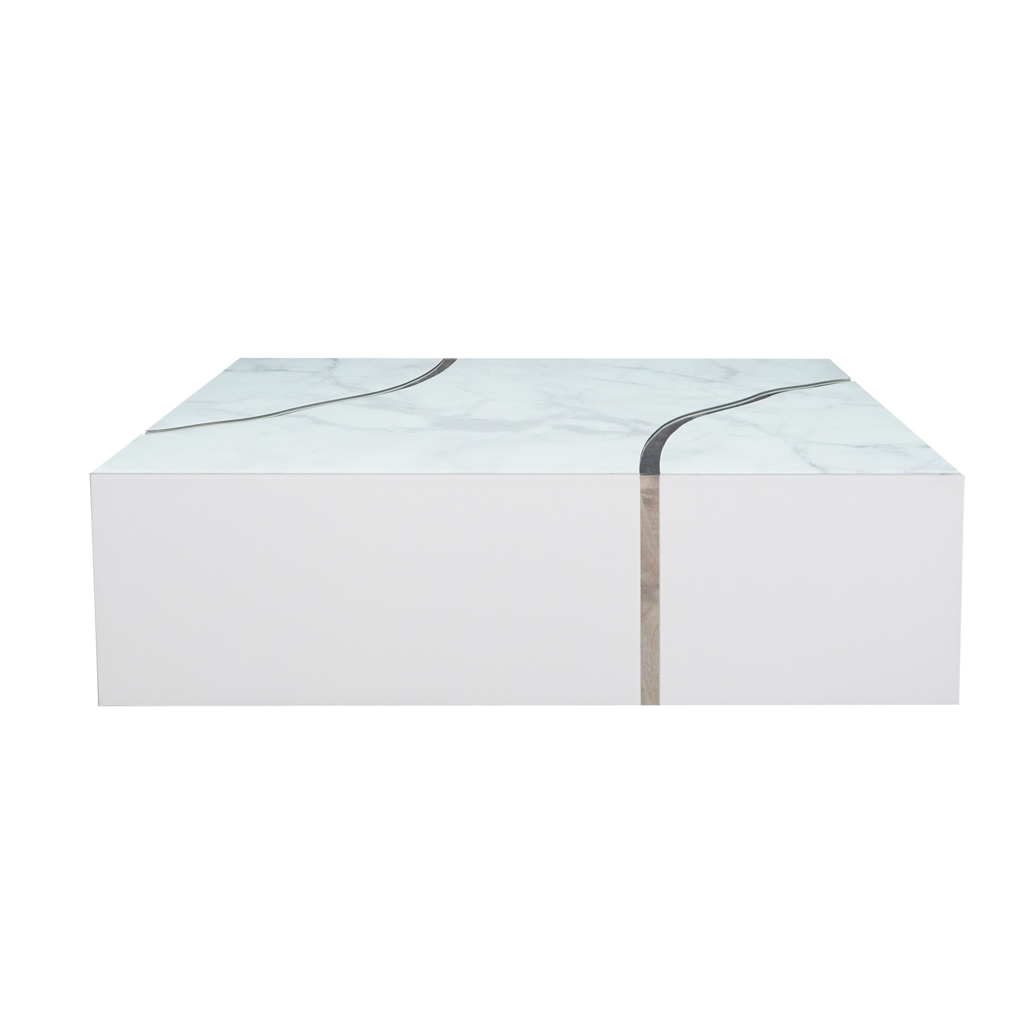 Furnings - Modern Rectangular Coffee Table in Shiny White Design with Silver Accent