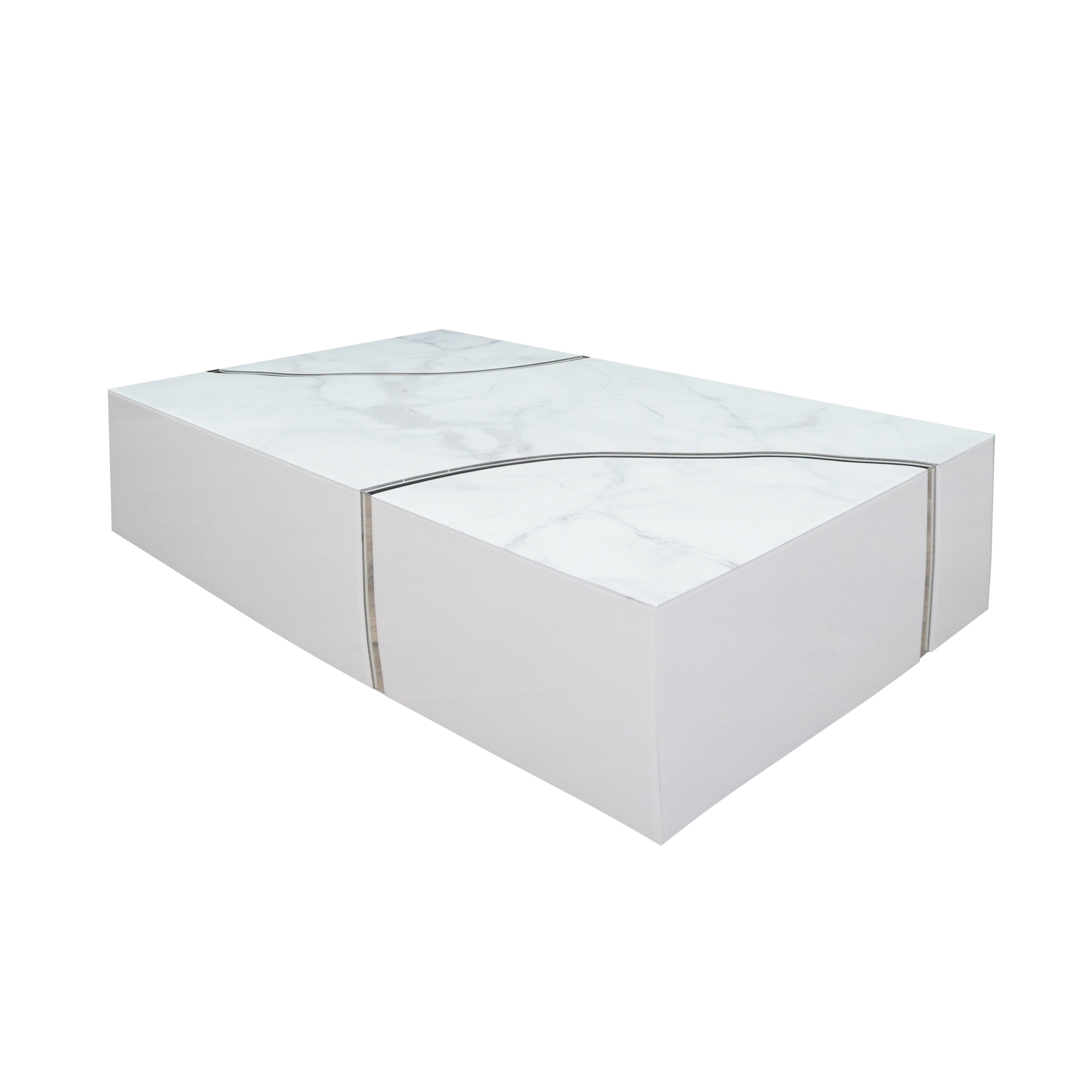 Furnings - Modern Rectangular Coffee Table in Shiny White Design with Silver Accent