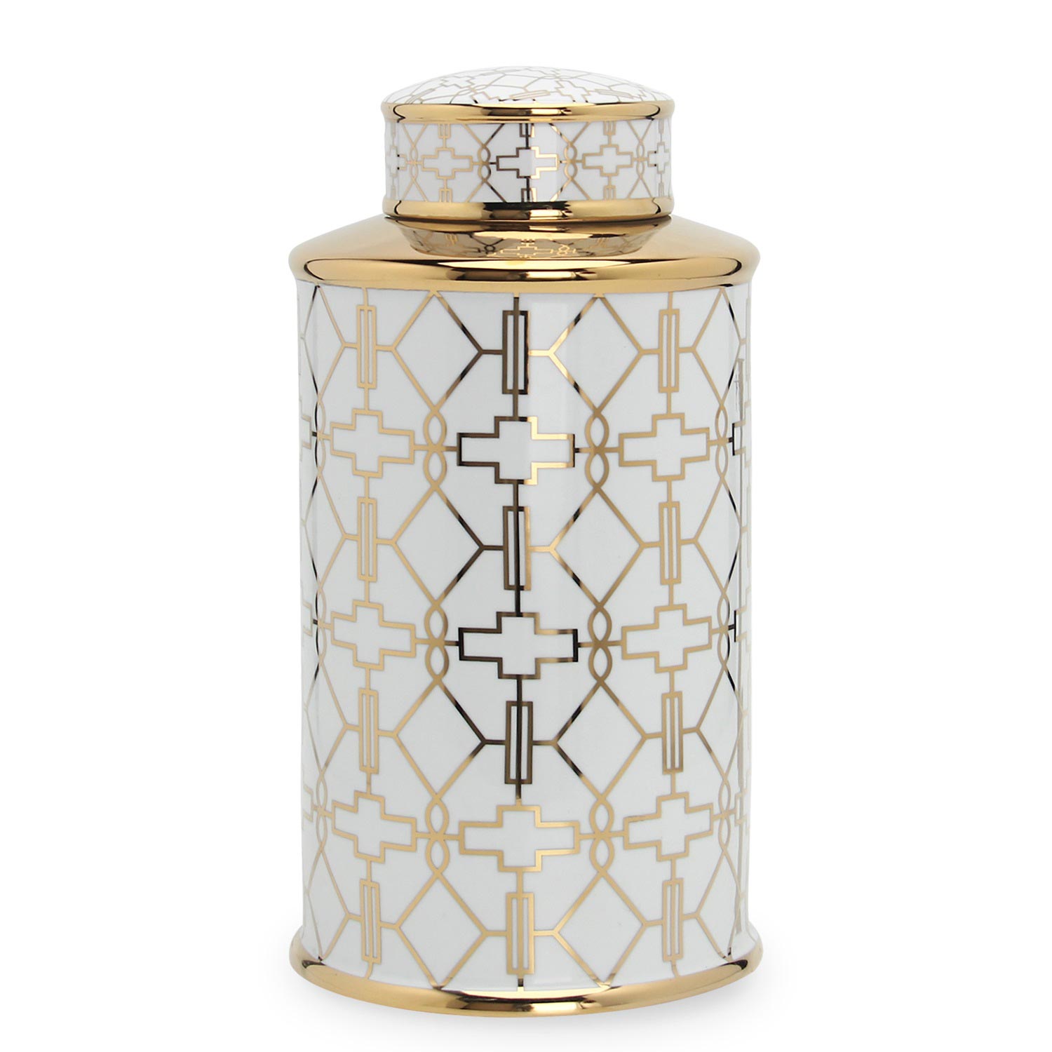 Furnings - Elegant White Ceramic Ginger Jar with Gold Geometrical Design and Removable Lid