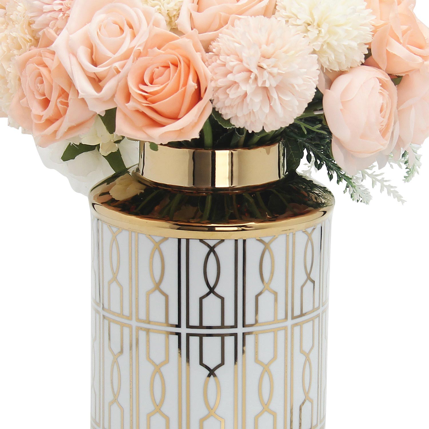 Furnings Elegant White Ceramic Ginger Jar with Gold Geometrical Design and Removable Lid - Large