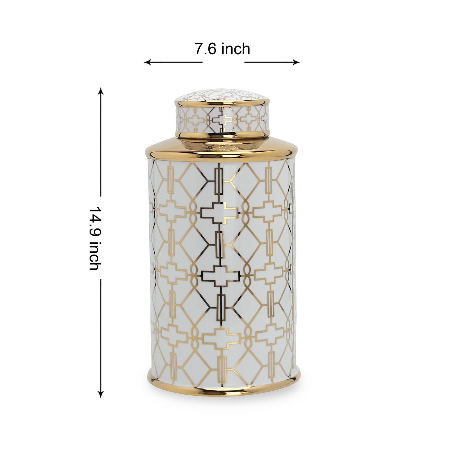 Furnings Elegant White Ceramic Ginger Jar with Gold Geometrical Design and Removable Lid - Large