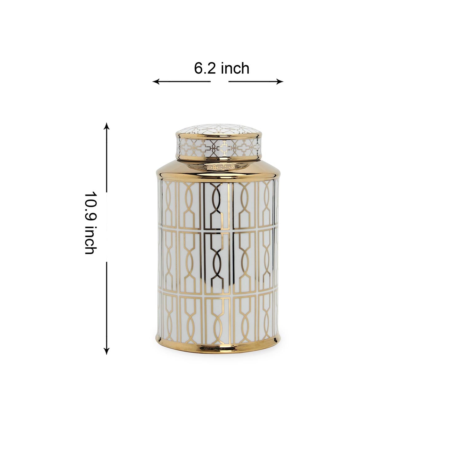 Furnings Elegant White Ceramic Ginger Jar with Gold Geometrical Design and Removable Lid - Large