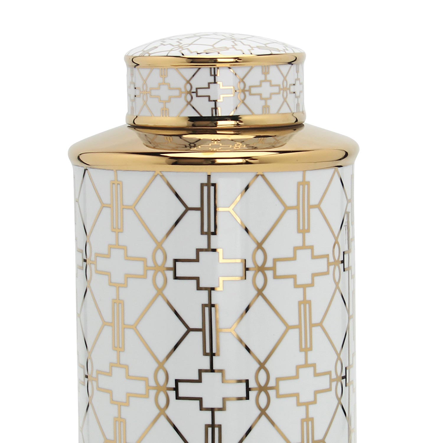 Furnings Elegant White Ceramic Ginger Jar with Gold Geometrical Design and Removable Lid - Large