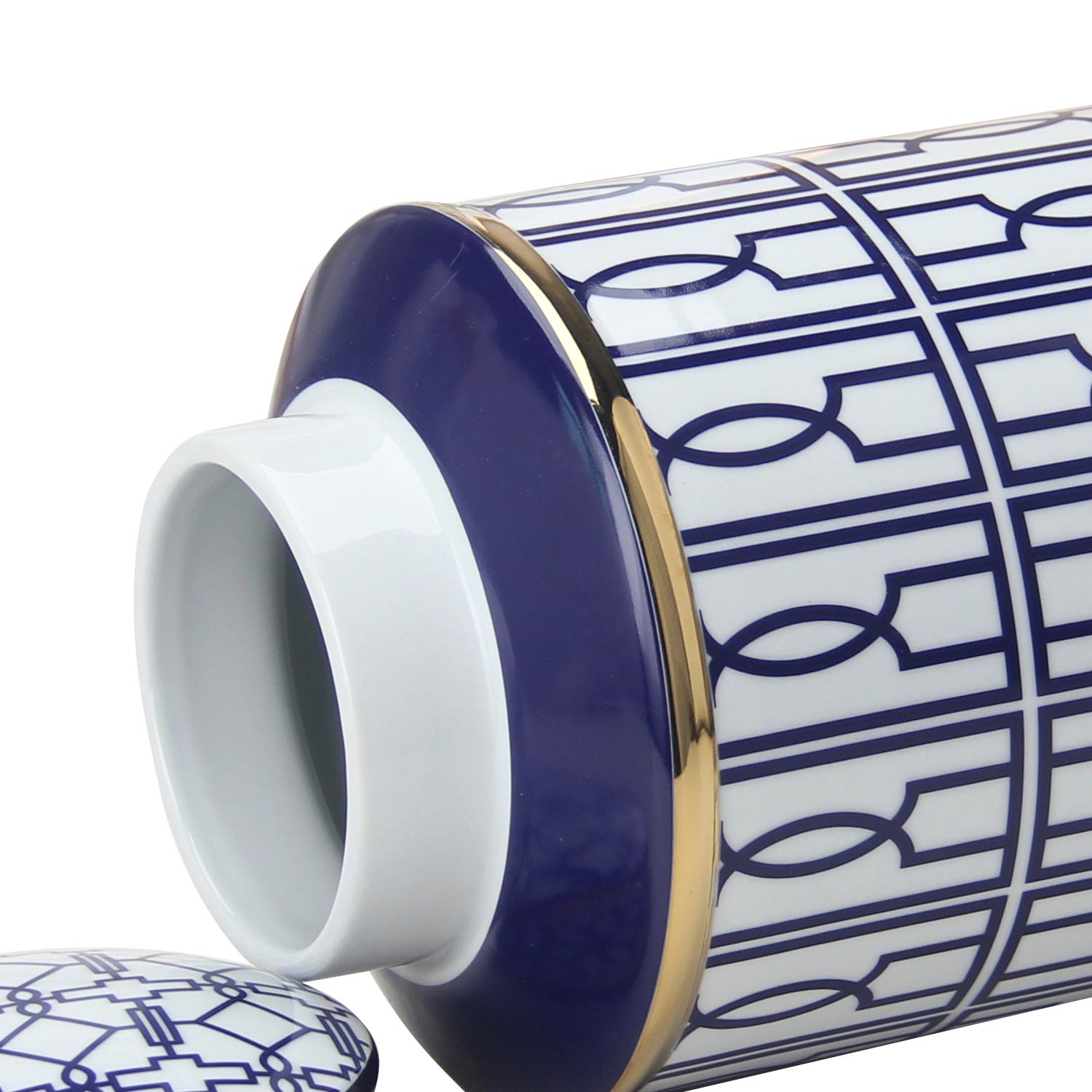 Furnings - Elegant White Ceramic Ginger Jar with Blue Geometrical Design and Removable Lid