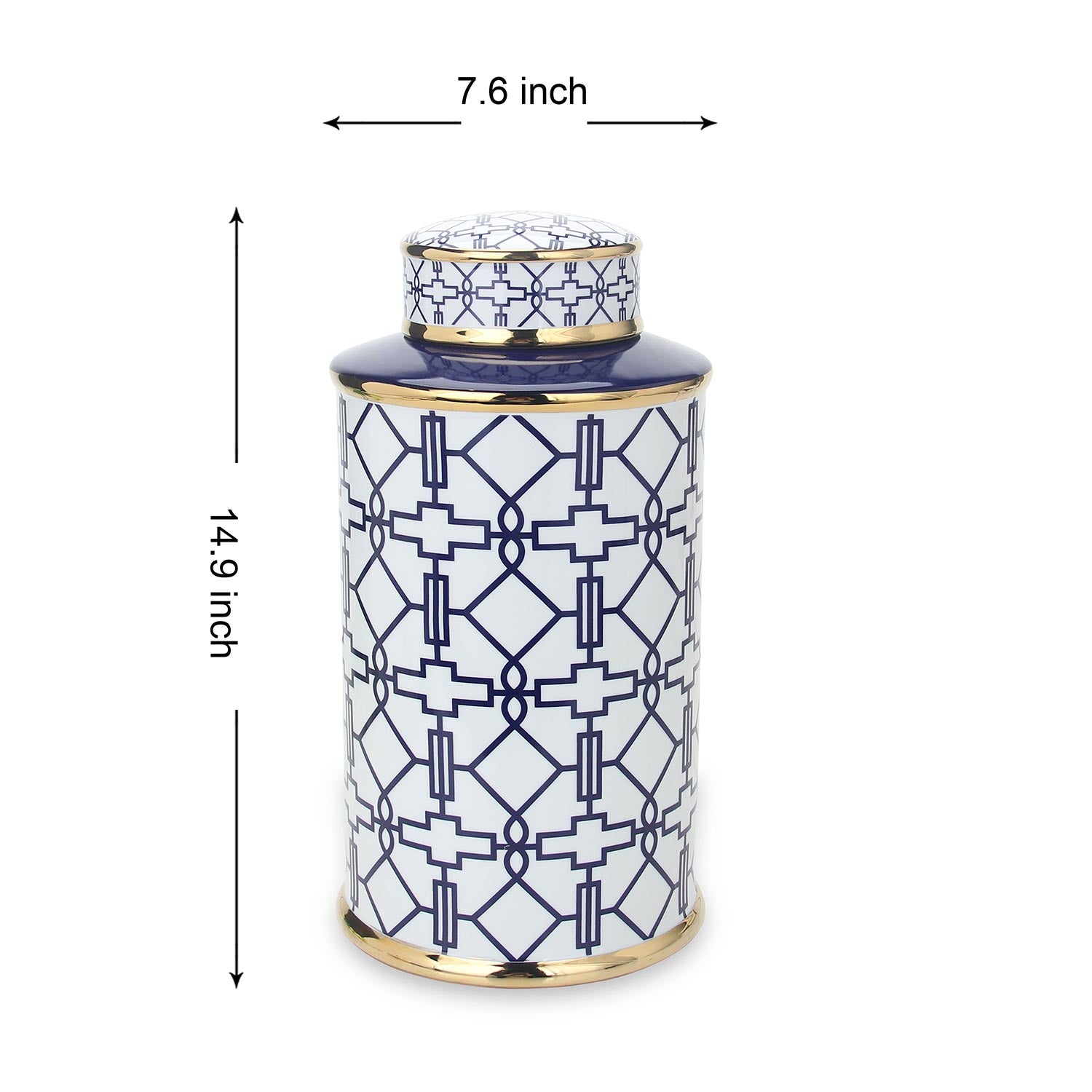 Furnings Elegant White Ceramic Ginger Jar with Blue Geometrical Design and Removable Lid - Large