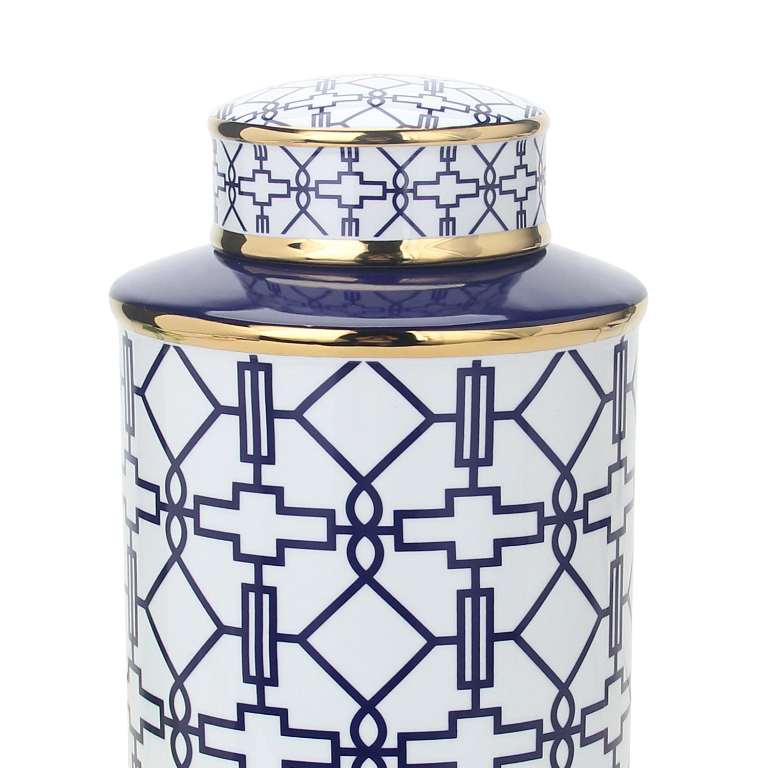 Furnings Elegant White Ceramic Ginger Jar with Blue Geometrical Design and Removable Lid - Large