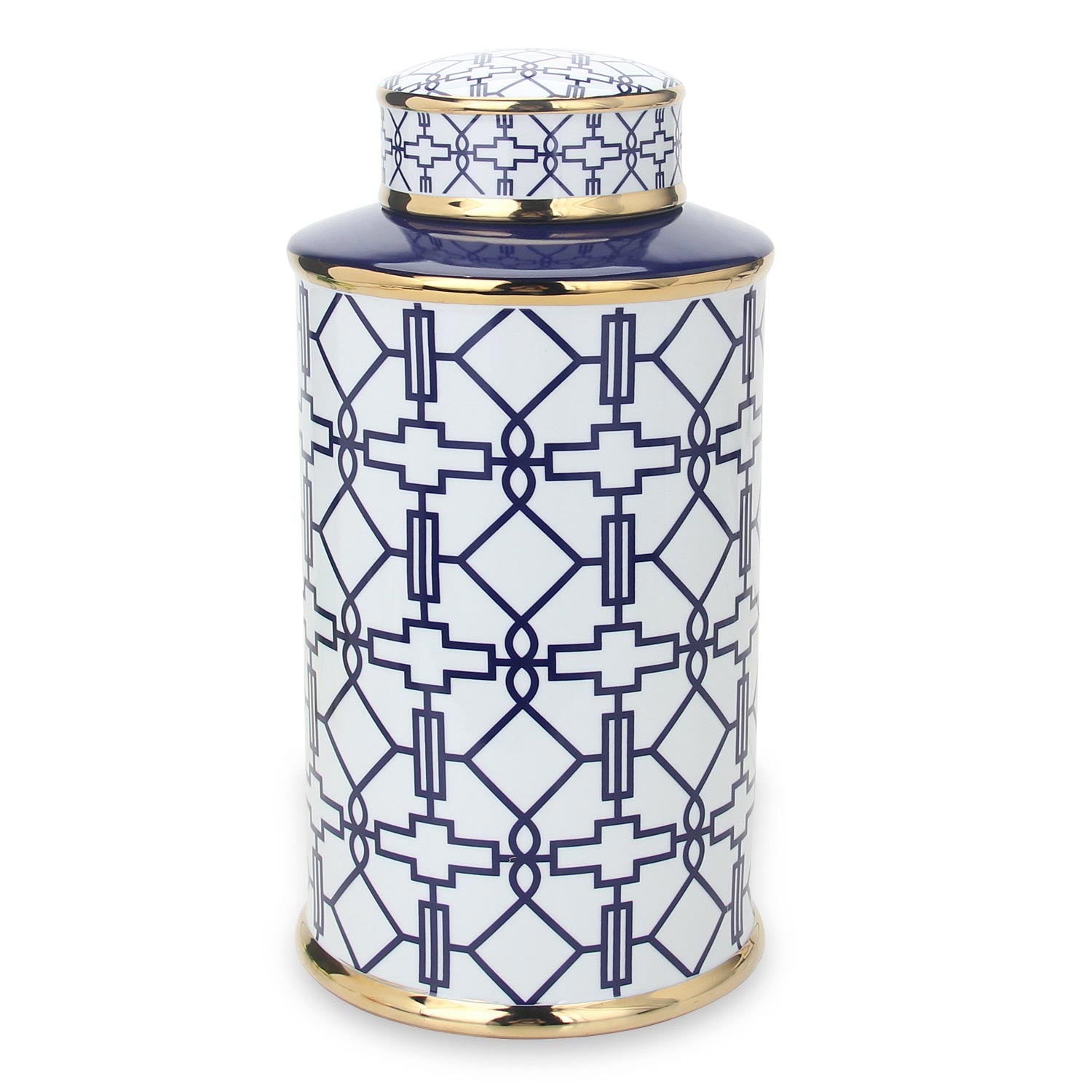 Furnings - Elegant White Ceramic Ginger Jar with Blue Geometrical Design and Removable Lid