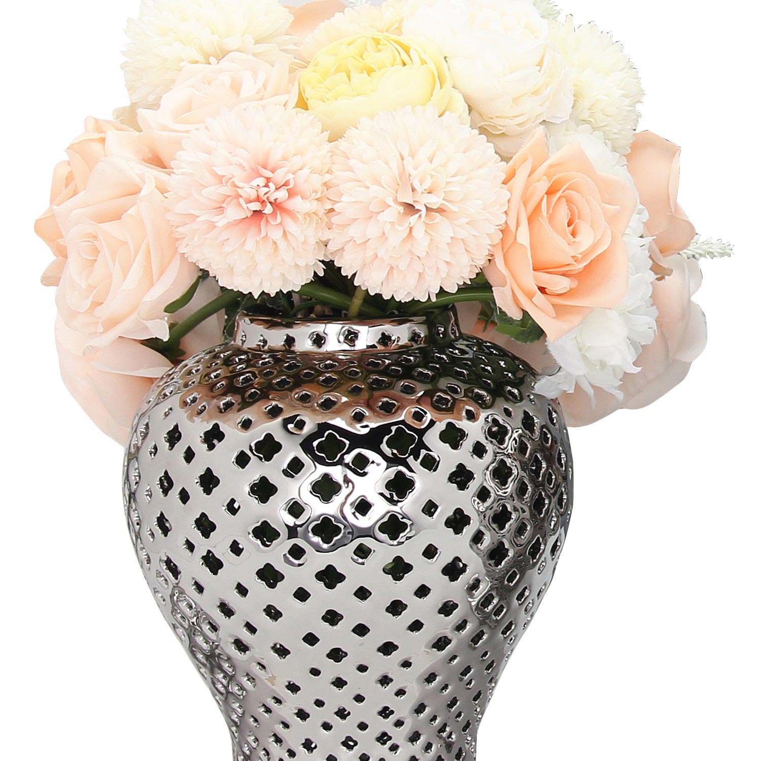 Furnings Stylish Silver Ceramic Ginger Jar with Decorative Design - Large