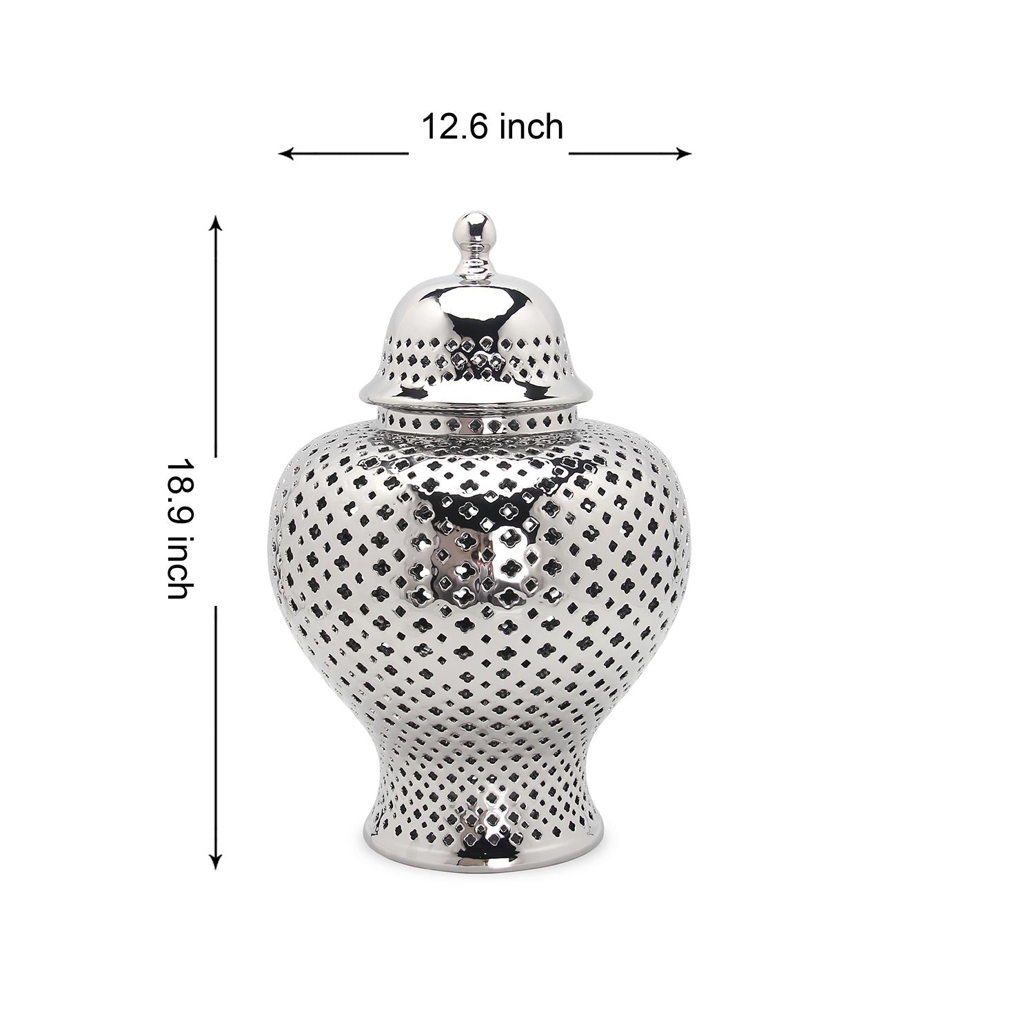 Furnings Stylish Silver Ceramic Ginger Jar with Decorative Design - Large