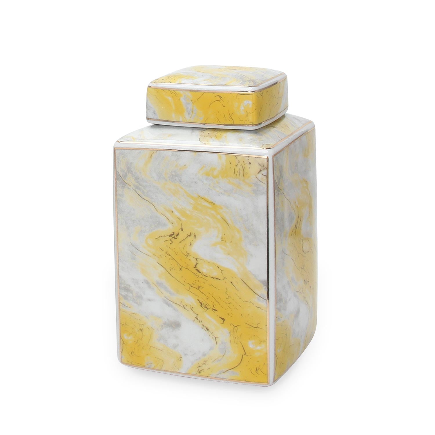 Furnings - Square Ceramic Jar with Gold and Gray Marble Design