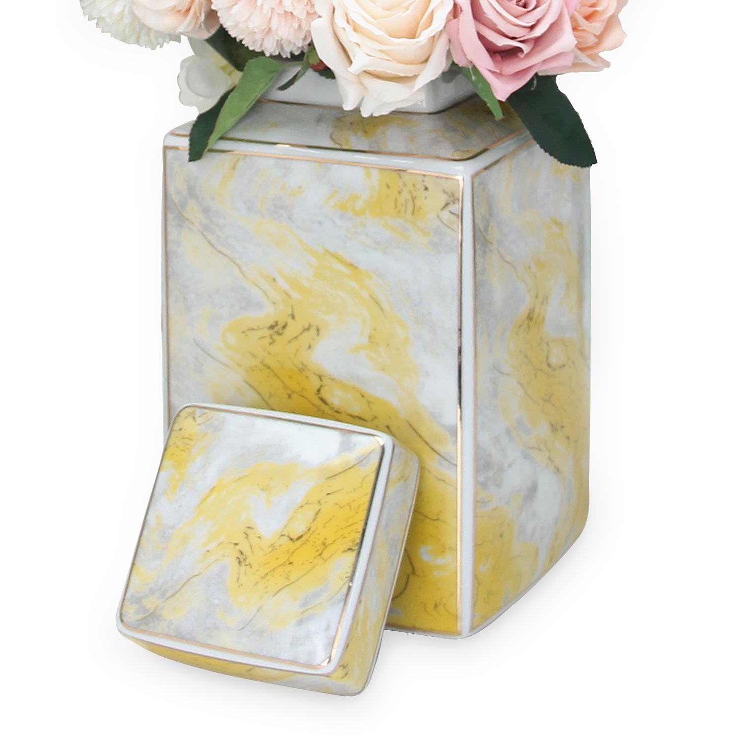 Furnings Square Ceramic Jar with Gold and Gray Marble Design - Large