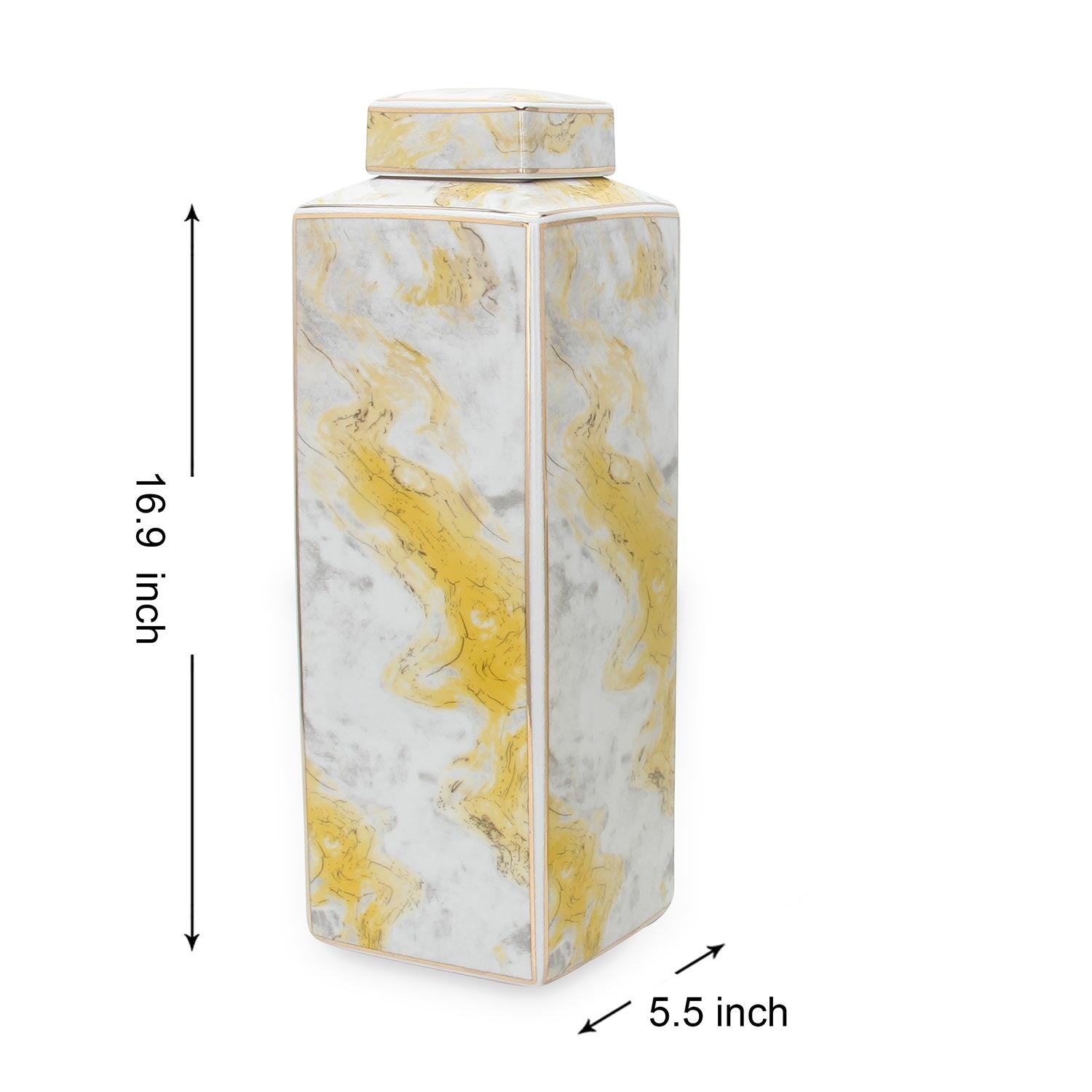 Furnings Square Ceramic Jar with Gold and Gray Marble Design - Large