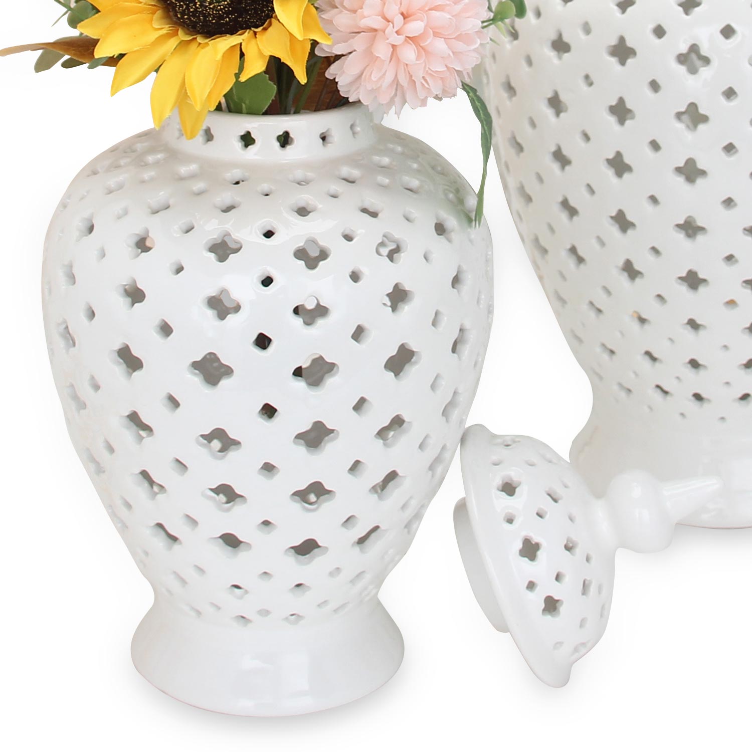 Furnings White Ceramic Ginger Jar Vase with Decorative Design and Removable Lid - Large