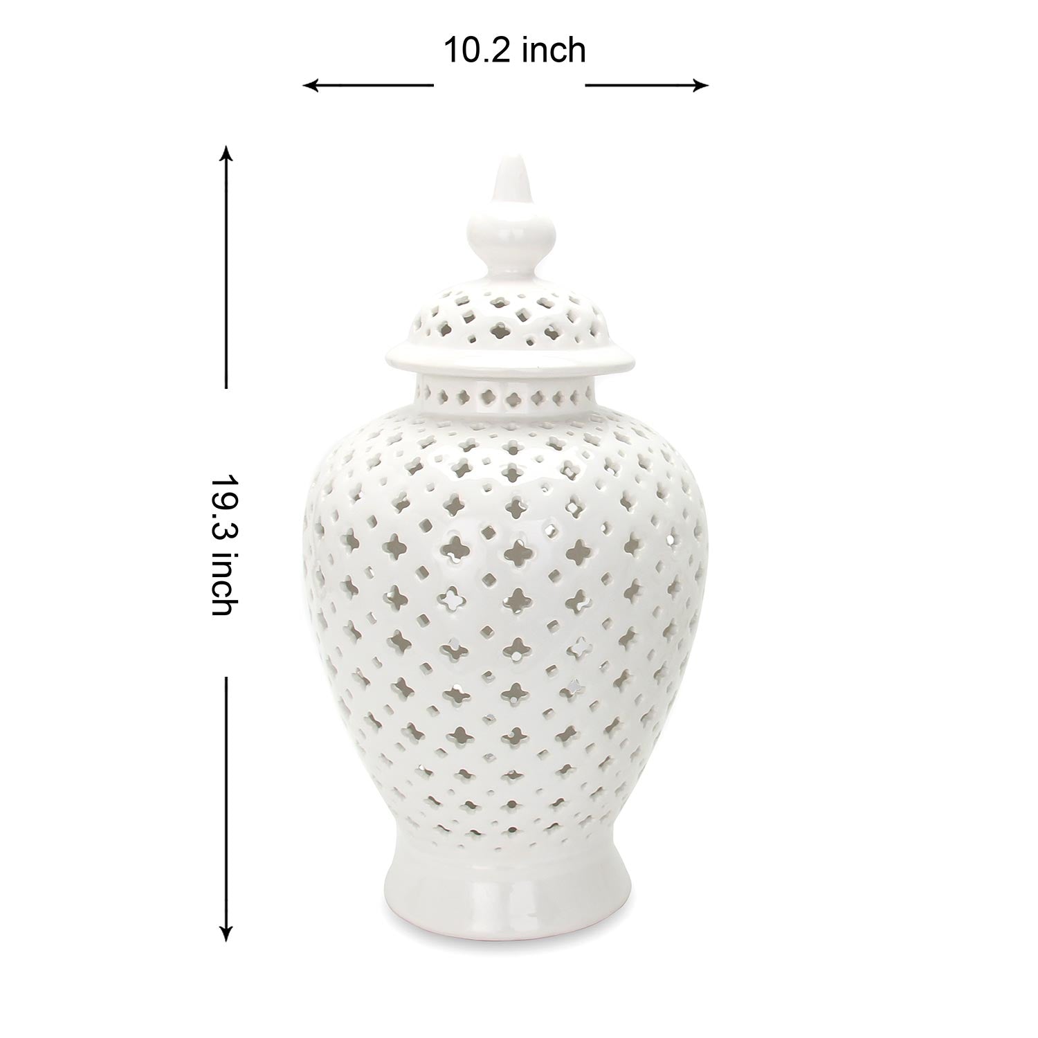 Furnings White Ceramic Ginger Jar Vase with Decorative Design and Removable Lid - Large