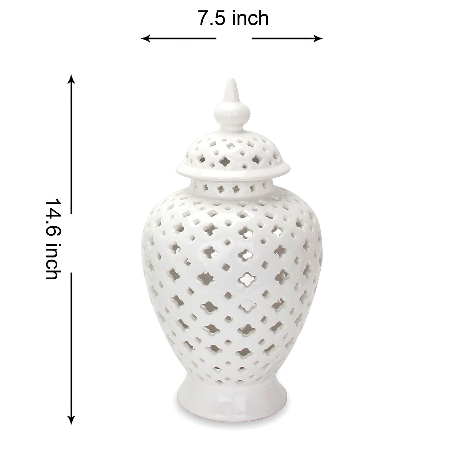 Furnings White Ceramic Ginger Jar Vase with Decorative Design and Removable Lid - Large