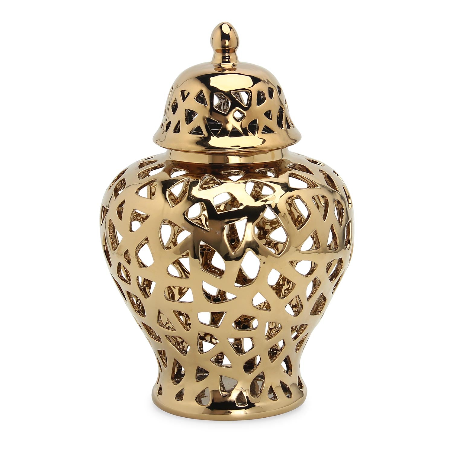 Furnings - Gold Ceramic Ginger Jar Vase with Decorative Design and Removable Lid