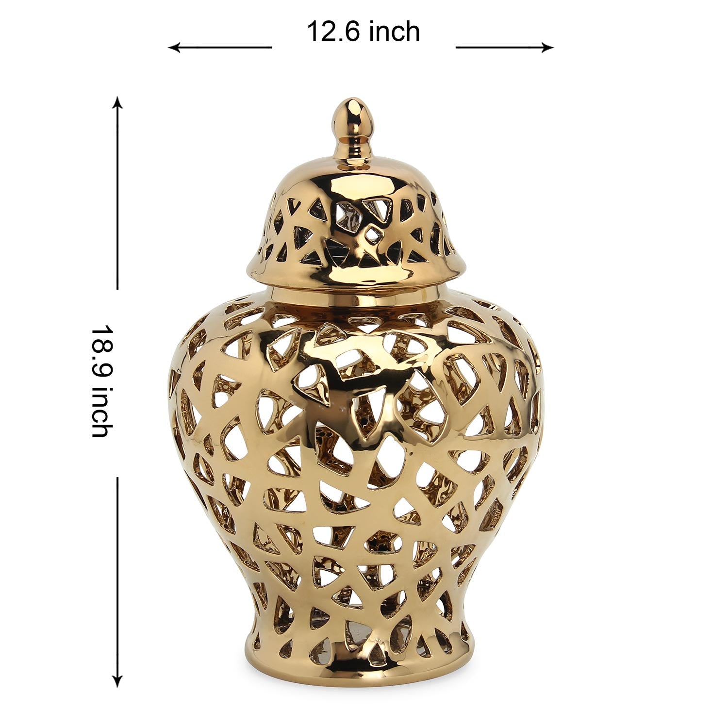 Furnings Gold Ceramic Ginger Jar Vase with Decorative Design and Removable Lid - Large