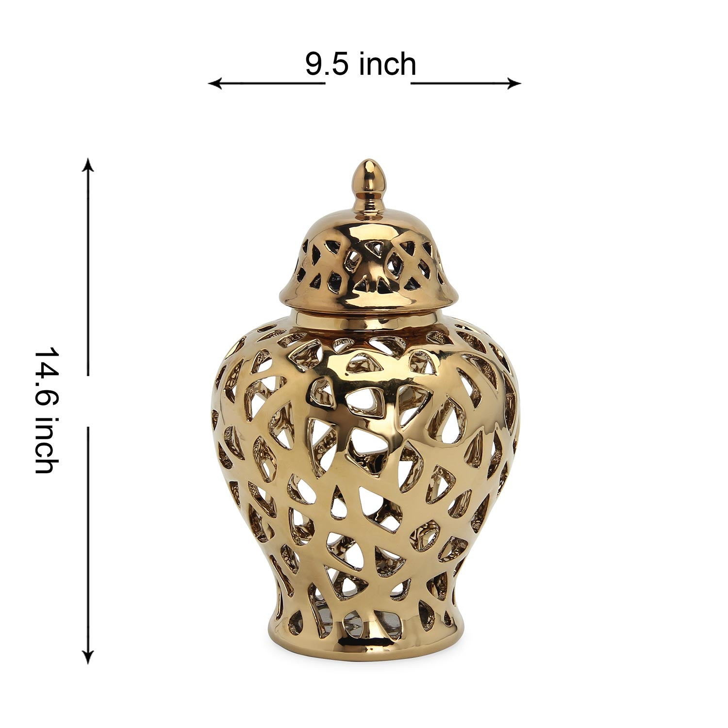 Furnings Gold Ceramic Ginger Jar Vase with Decorative Design and Removable Lid - Large