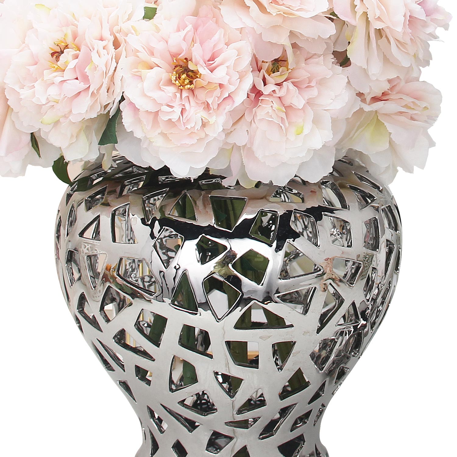 Furnings - Silver Ceramic Ginger Jar Vase with Decorative Design and Removable Lid