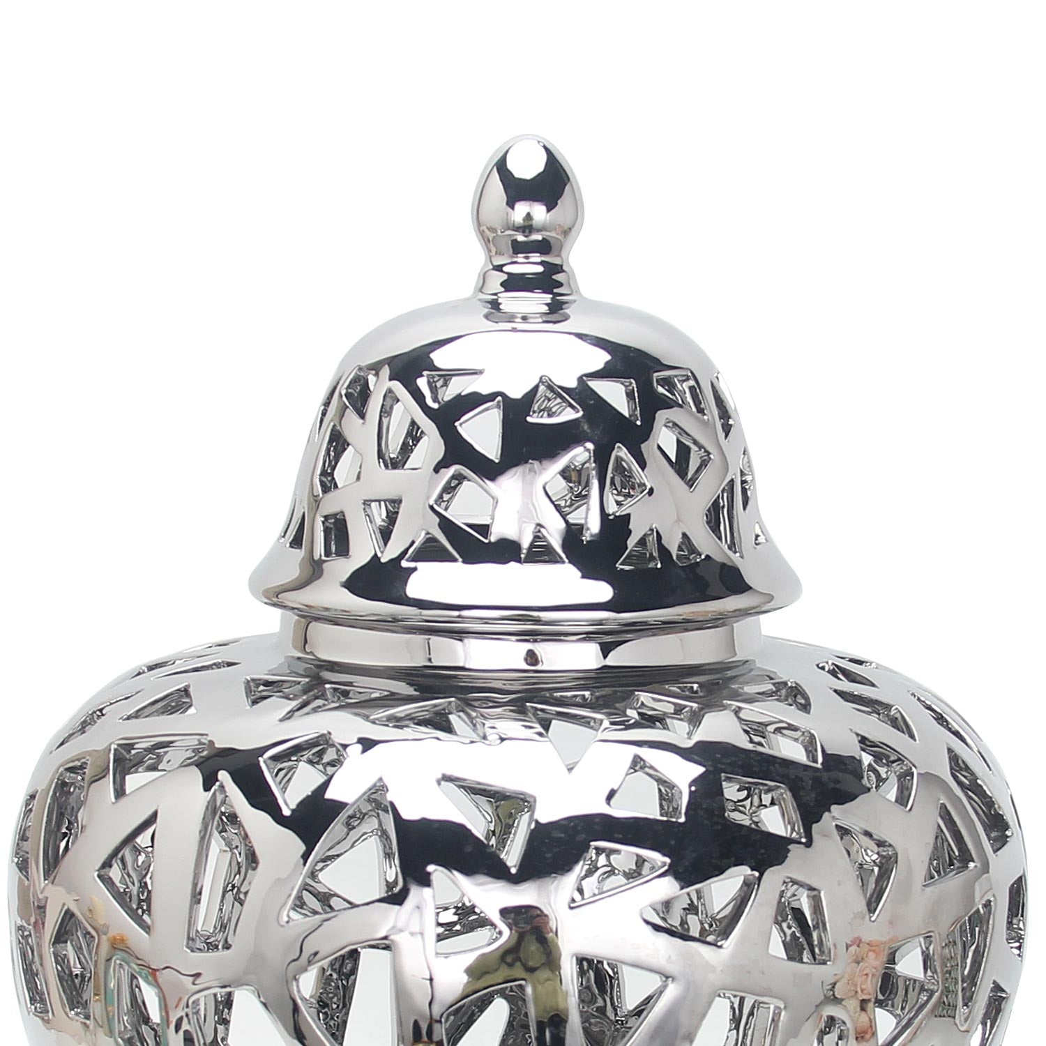 Furnings Silver Ceramic Ginger Jar Vase with Decorative Design and Removable Lid - Large