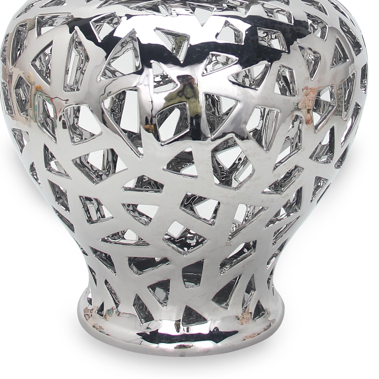 Furnings Silver Ceramic Ginger Jar Vase with Decorative Design and Removable Lid - Large