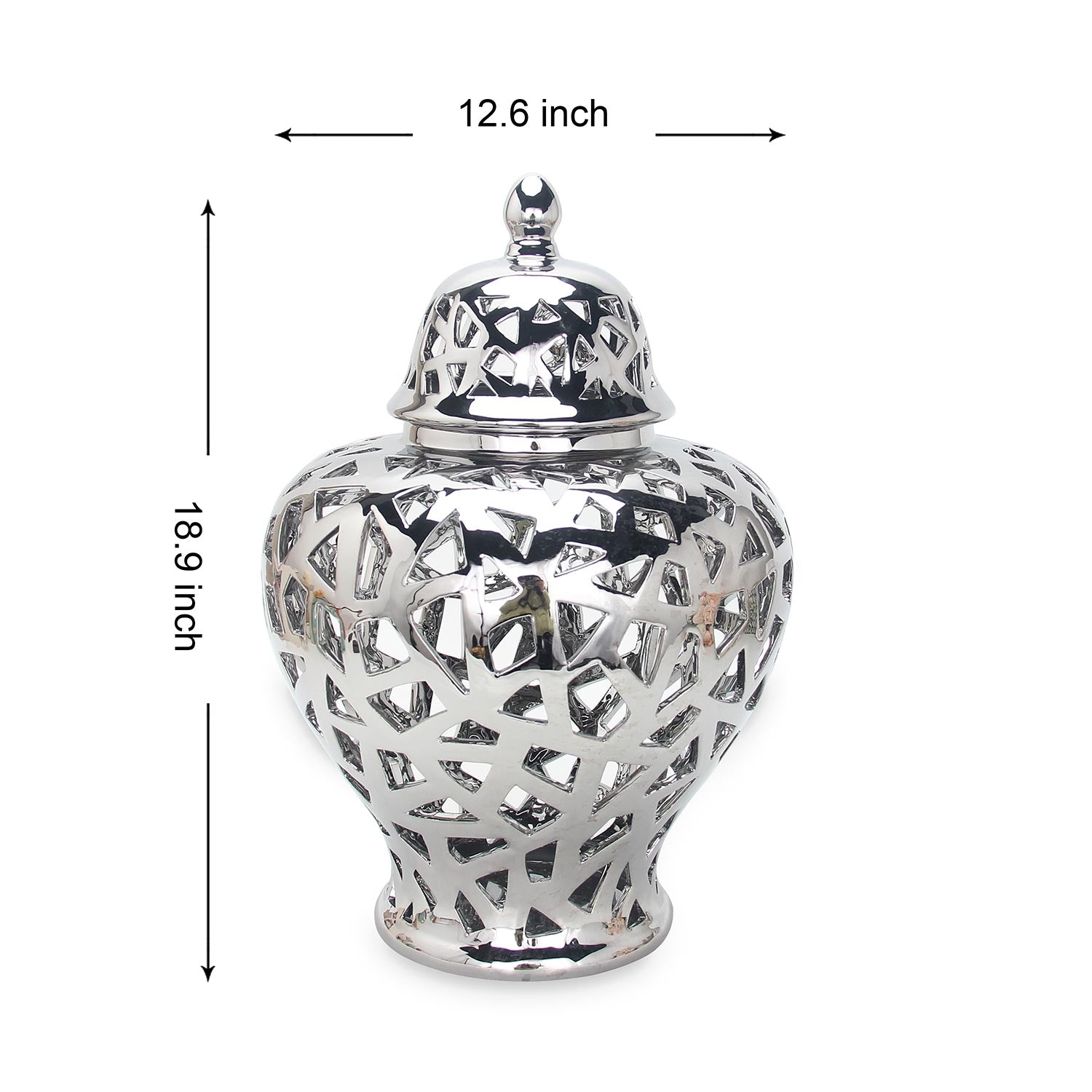 Furnings Silver Ceramic Ginger Jar Vase with Decorative Design and Removable Lid - Large