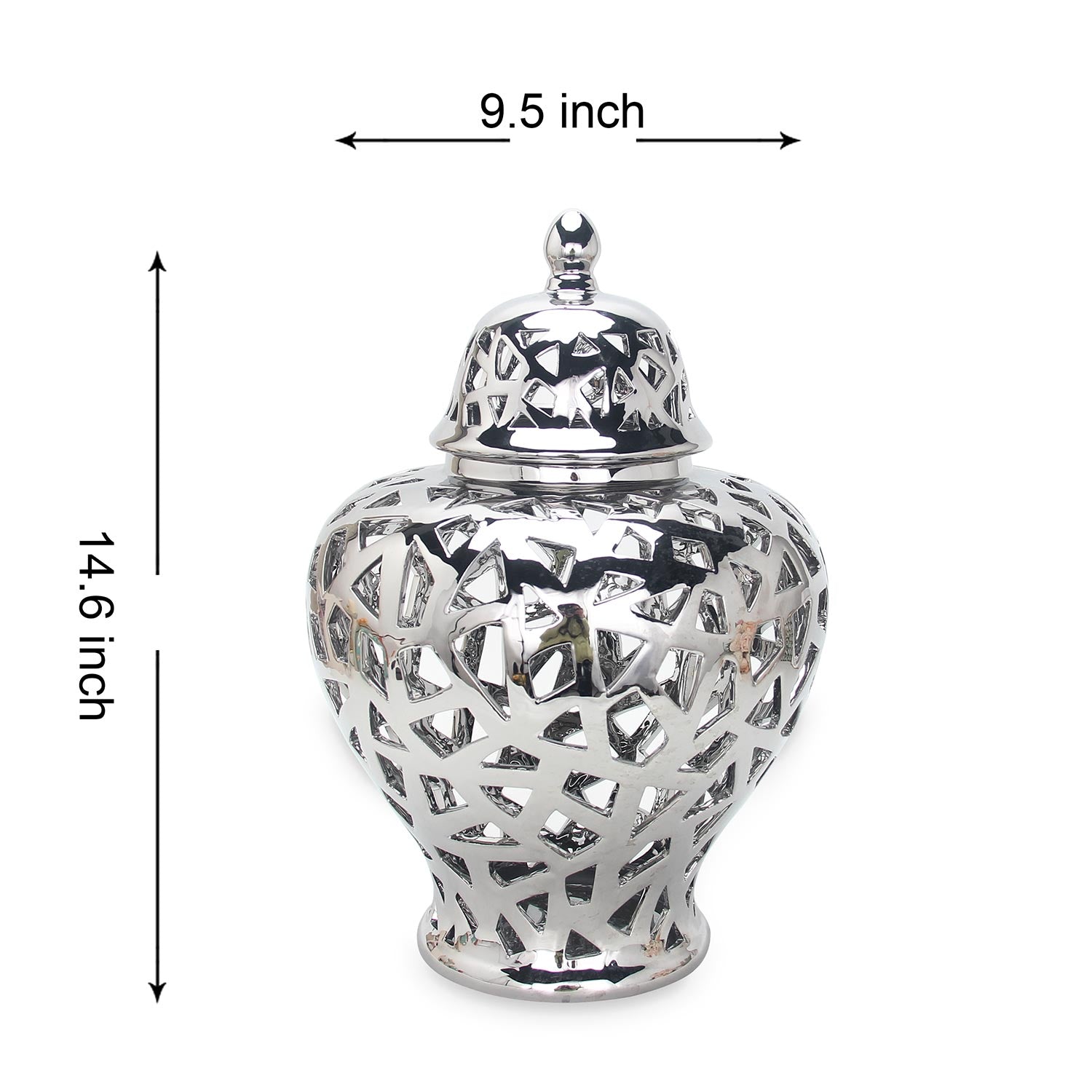 Furnings Silver Ceramic Ginger Jar Vase with Decorative Design and Removable Lid - Large