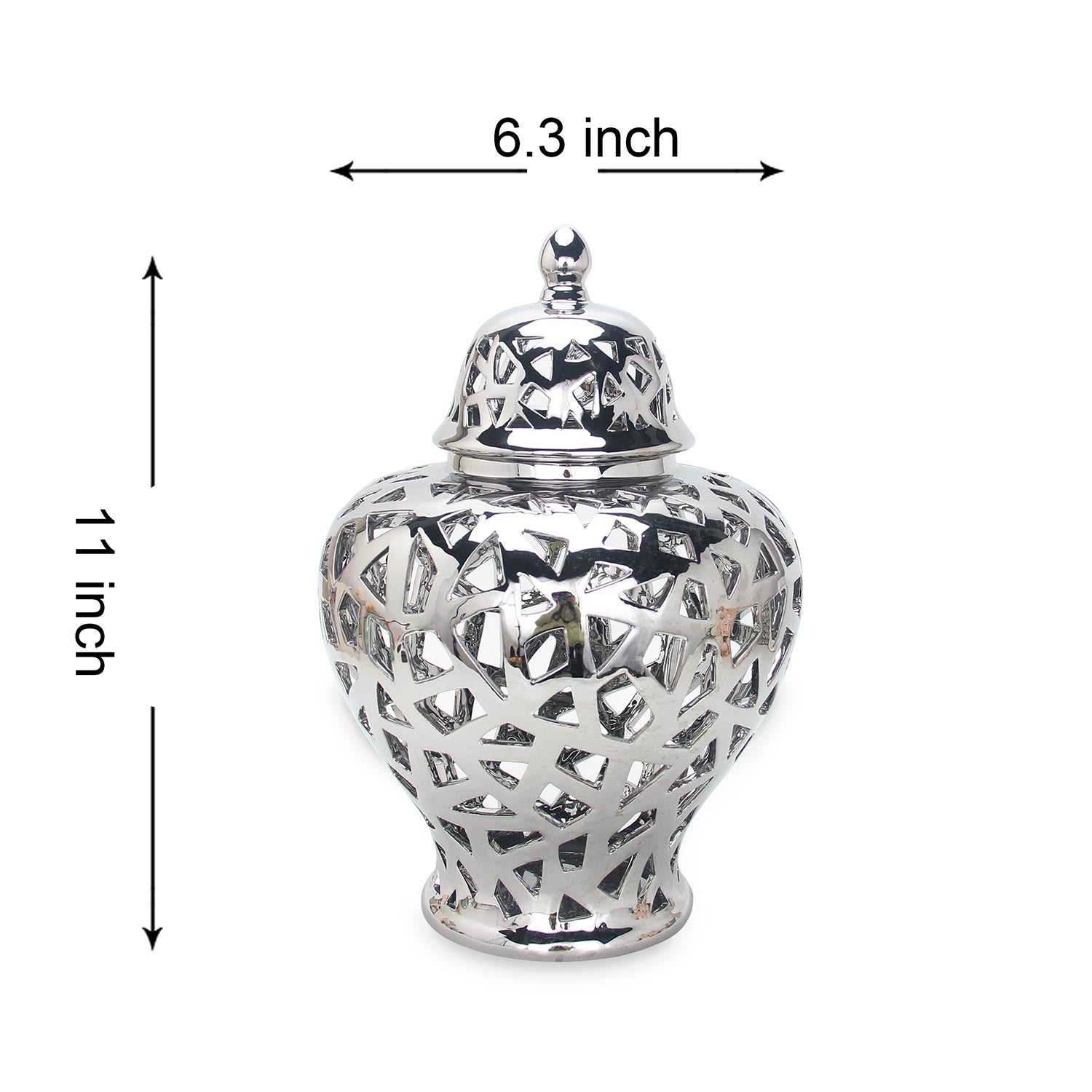 Furnings Silver Ceramic Ginger Jar Vase with Decorative Design and Removable Lid - Large