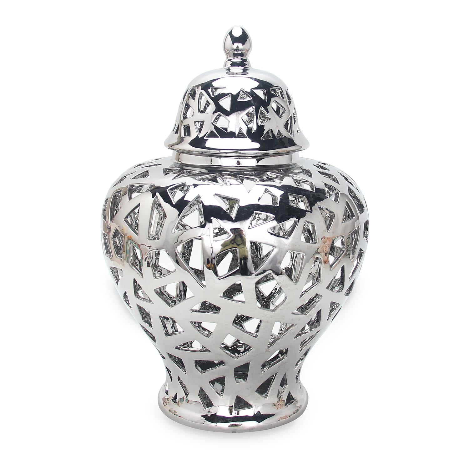 Furnings - Silver Ceramic Ginger Jar Vase with Decorative Design and Removable Lid