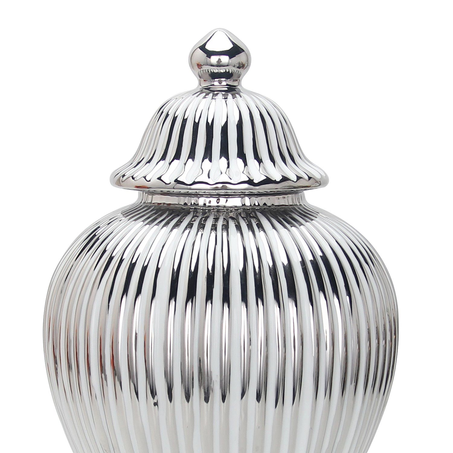 Furnings White with Silver Design Ceramic Decorative Ginger Jar Vase - Large