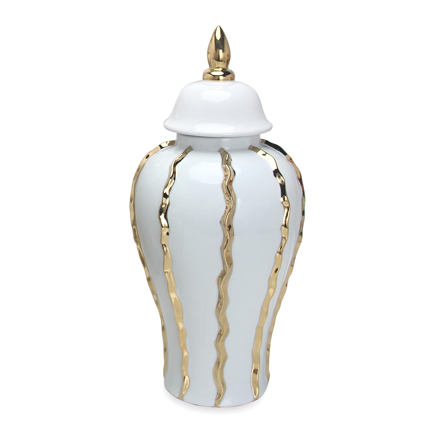 Furnings - Elegant White Ceramic Ginger Jar Vase with Gold Accents and Removable Lid