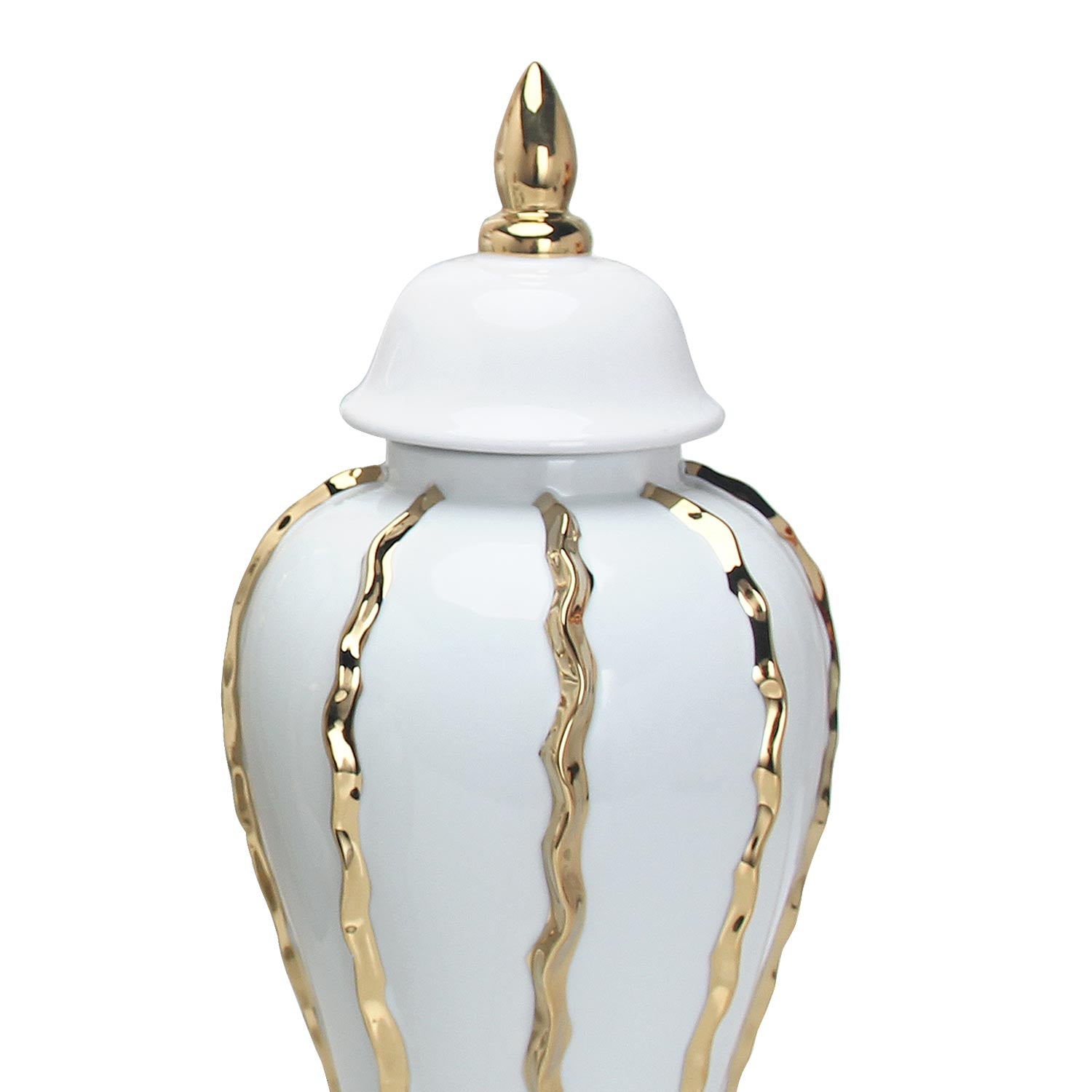 Furnings Elegant White Ceramic Ginger Jar Vase with Gold Accents and Removable Lid - Timeless Home Decor - Large