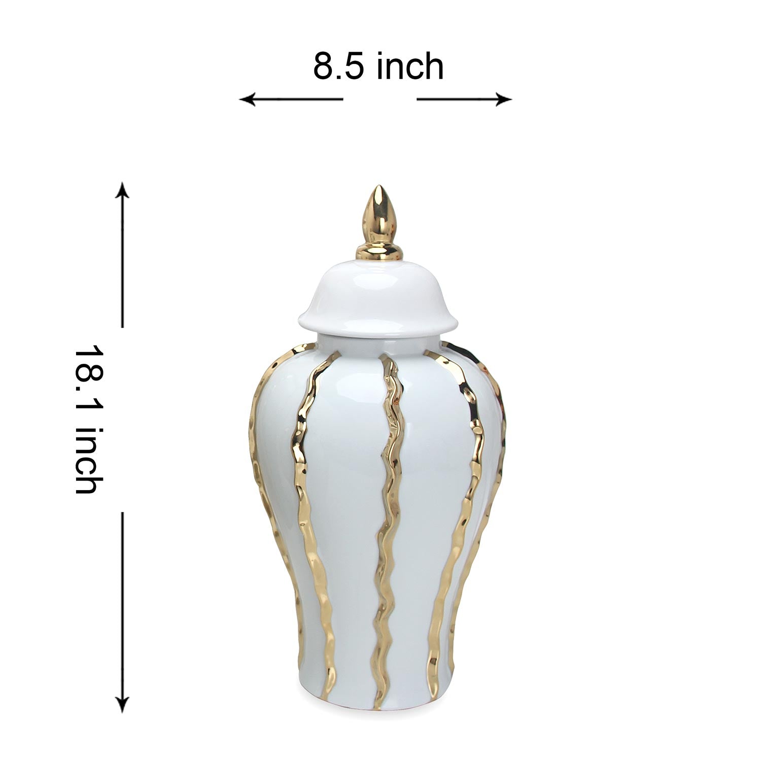 Furnings Elegant White Ceramic Ginger Jar Vase with Gold Accents and Removable Lid - Timeless Home Decor - Large