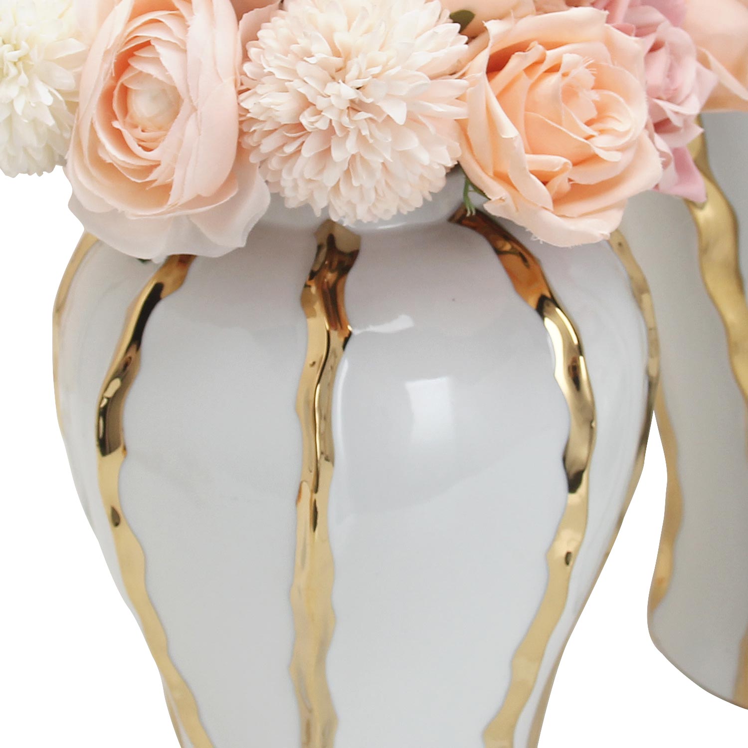 Furnings - Elegant White Ceramic Ginger Jar Vase with Gold Accents and Removable Lid