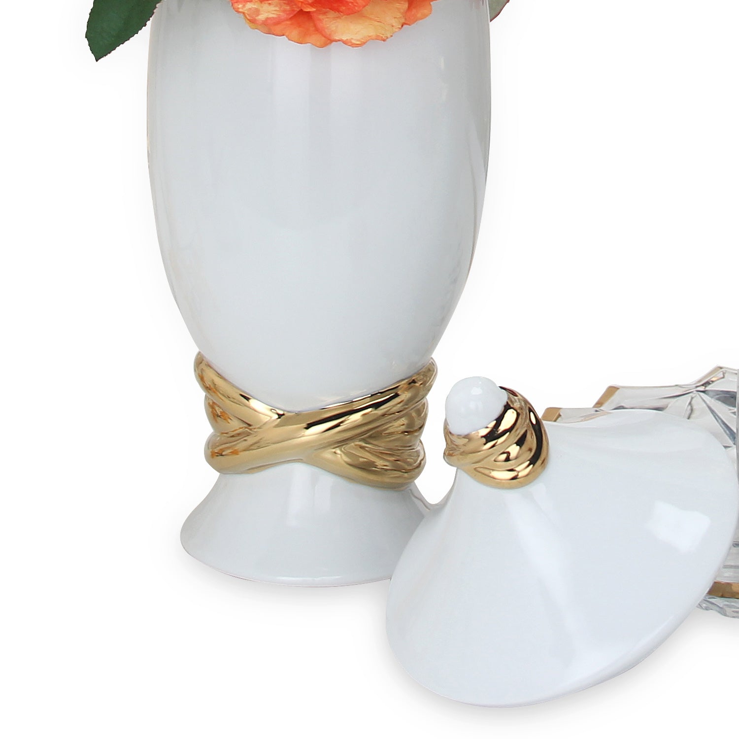 Furnings White Ceramic Decorative Ginger Jar Vase with Gold Accent - Large