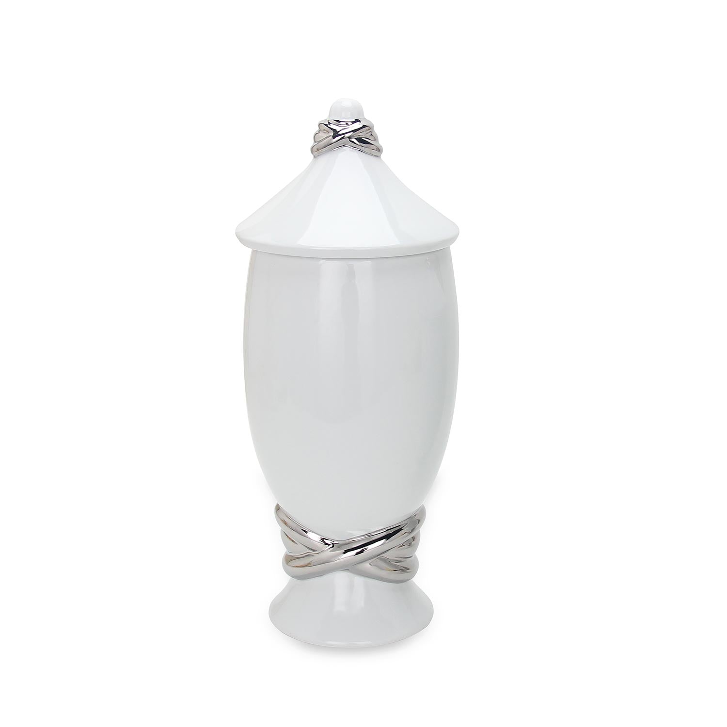 Furnings - White Ceramic Decorative Ginger Jar Vase with Silver Accent