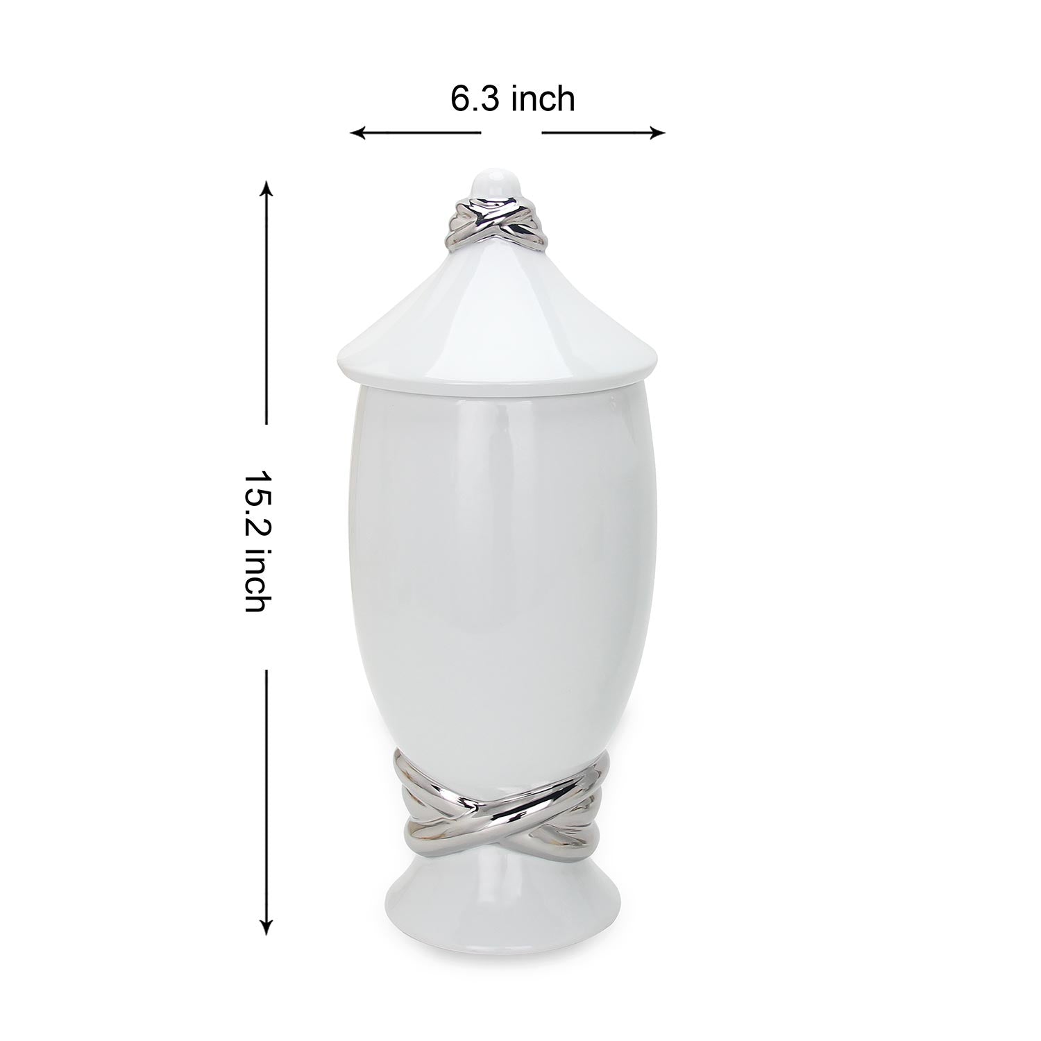 Furnings White Ceramic Decorative Ginger Jar Vase with Silver Accent - Small