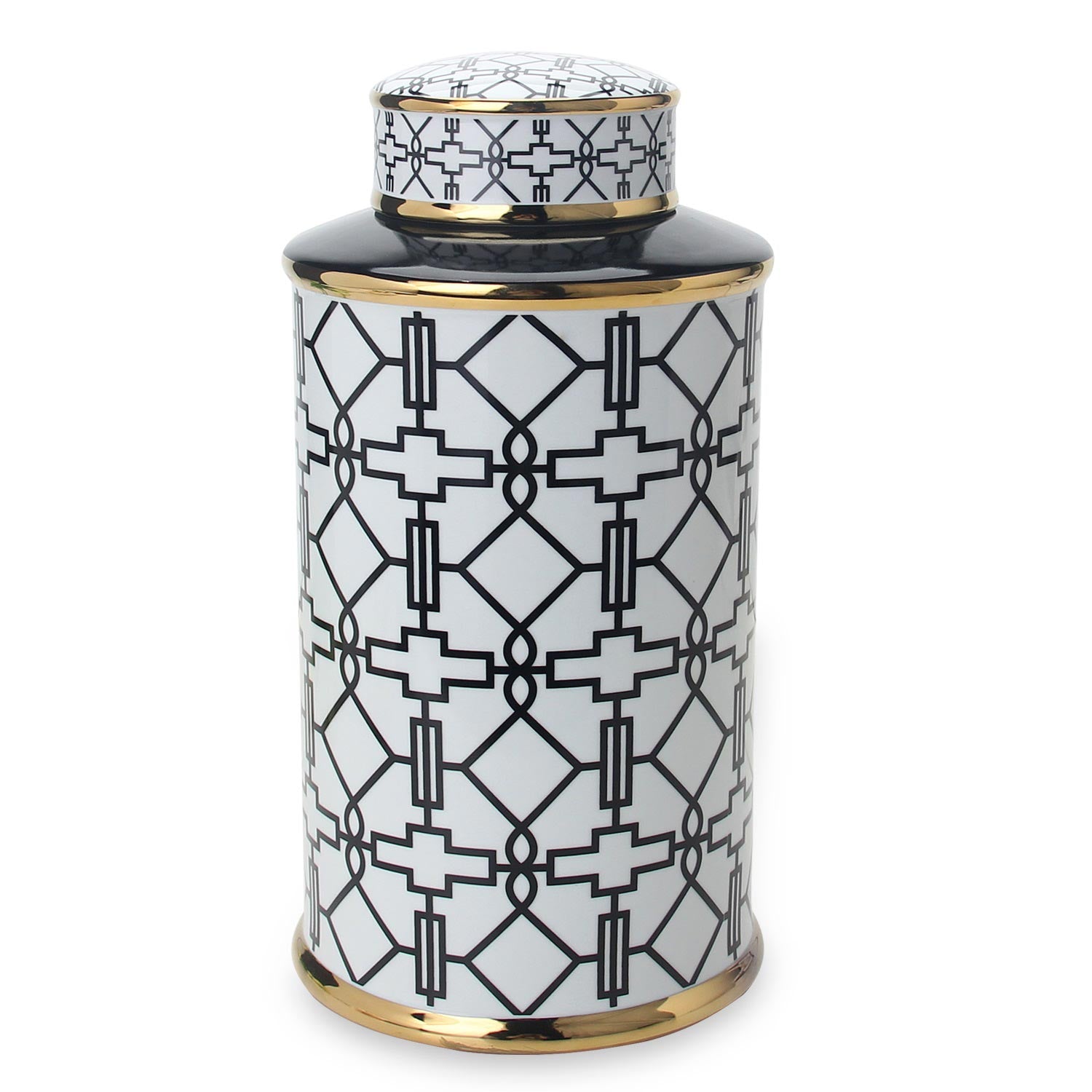 Furnings - Elegant White Ceramic Ginger Jar with Black Geometrical Design and Removable Lid