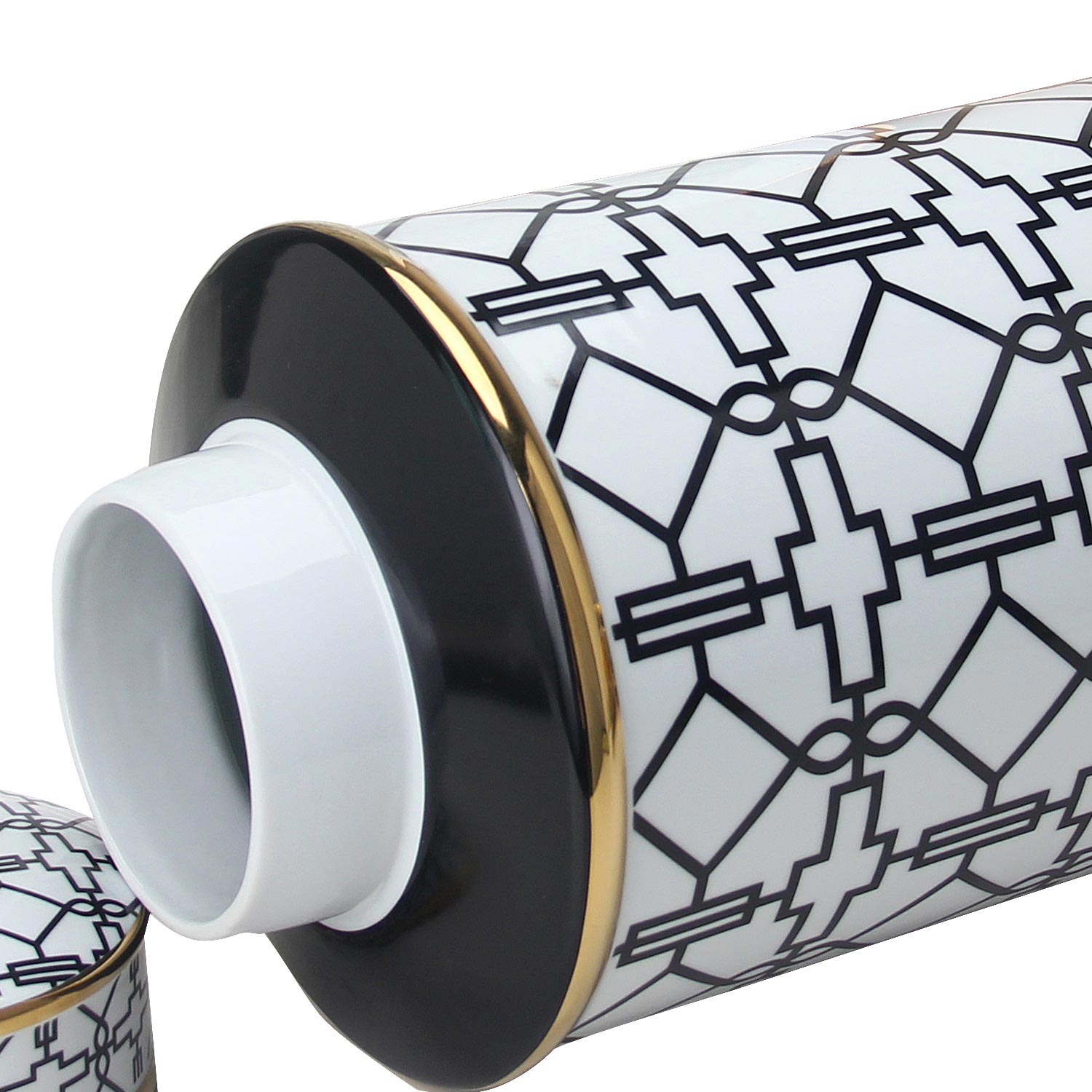 Furnings Elegant White Ceramic Ginger Jar with Black Geometrical Design and Removable Lid - Large