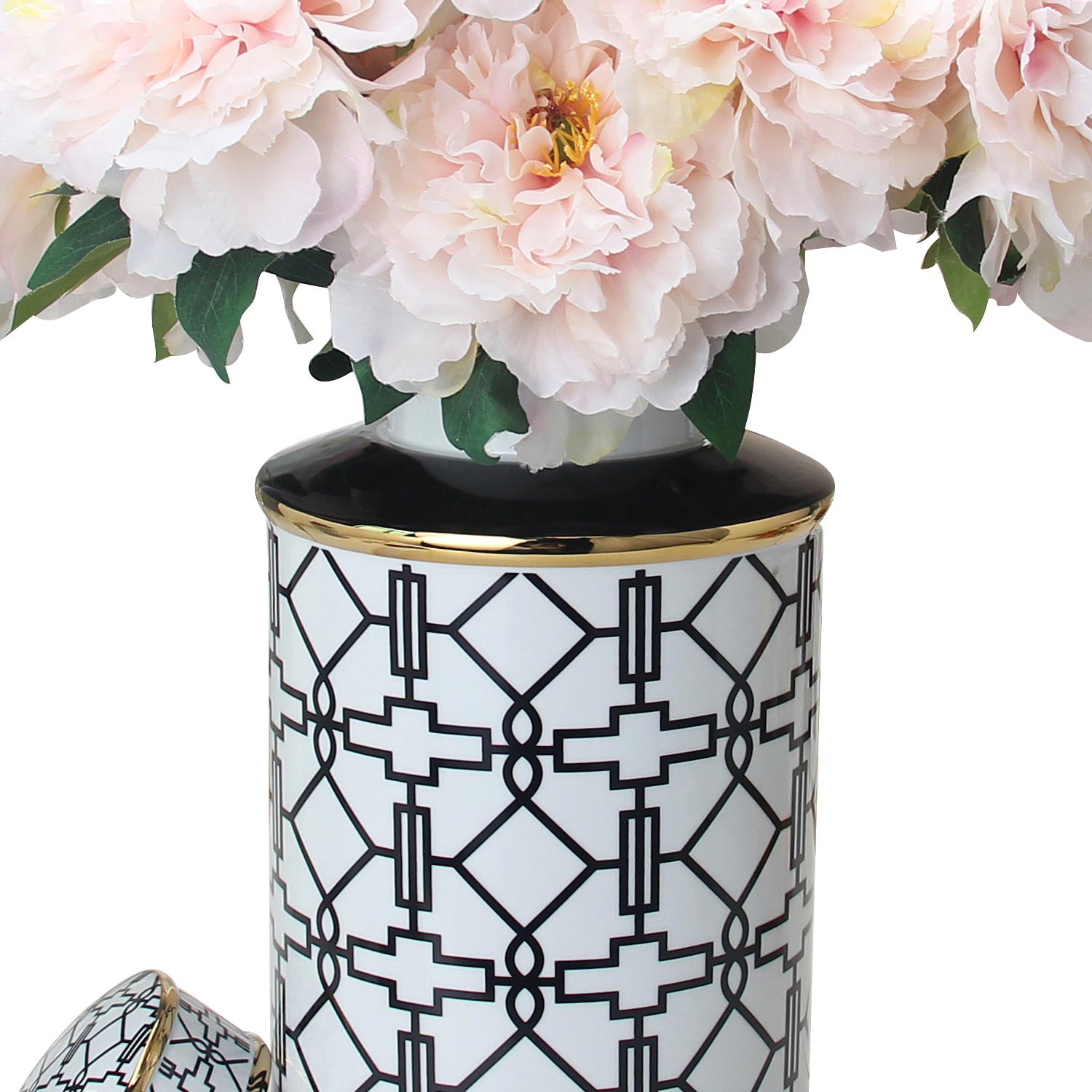 Furnings Elegant White Ceramic Ginger Jar with Black Geometrical Design and Removable Lid - Large