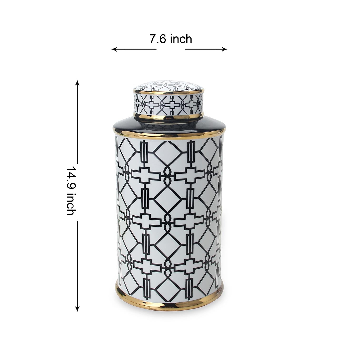 Furnings Elegant White Ceramic Ginger Jar with Black Geometrical Design and Removable Lid - Large