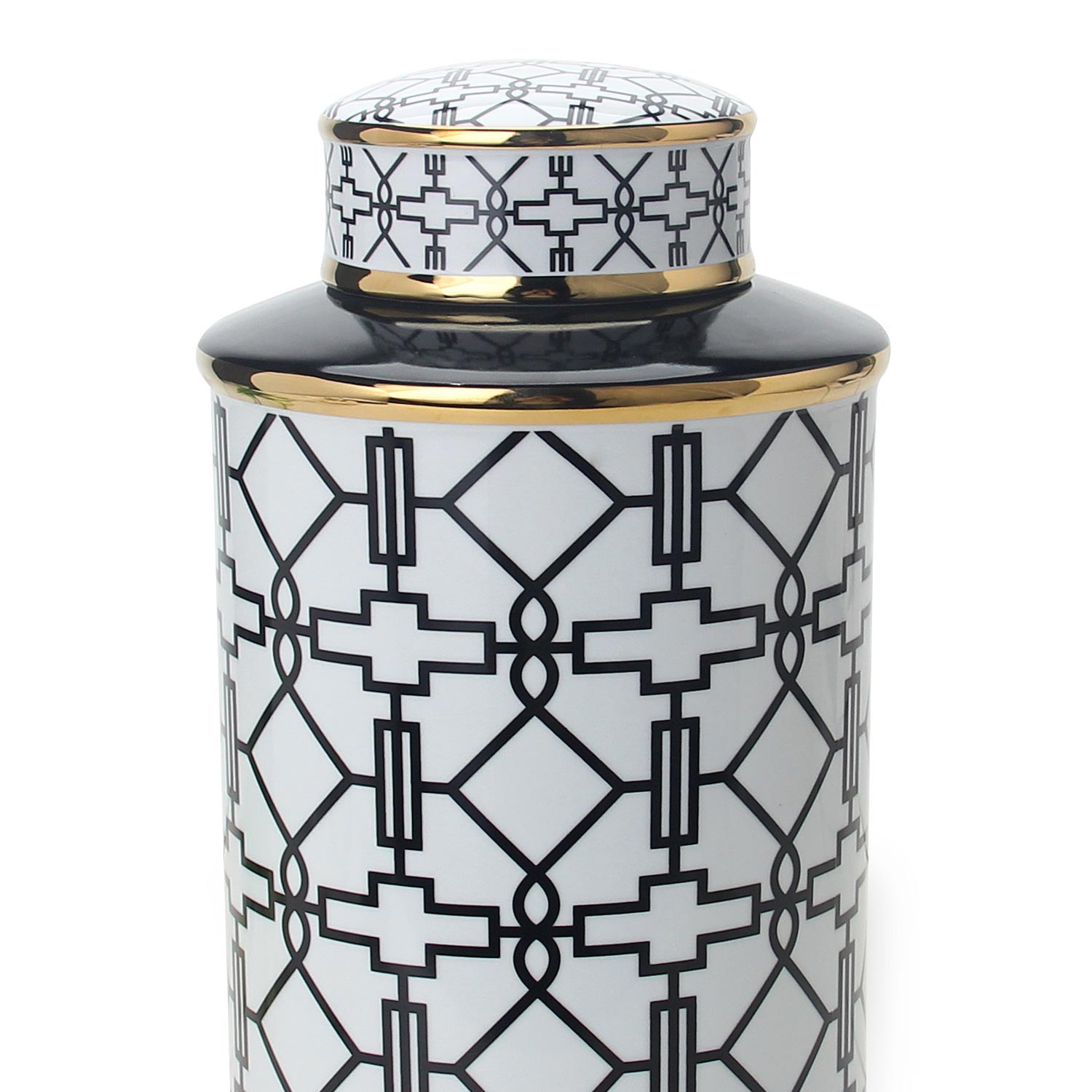 Furnings Elegant White Ceramic Ginger Jar with Black Geometrical Design and Removable Lid - Large