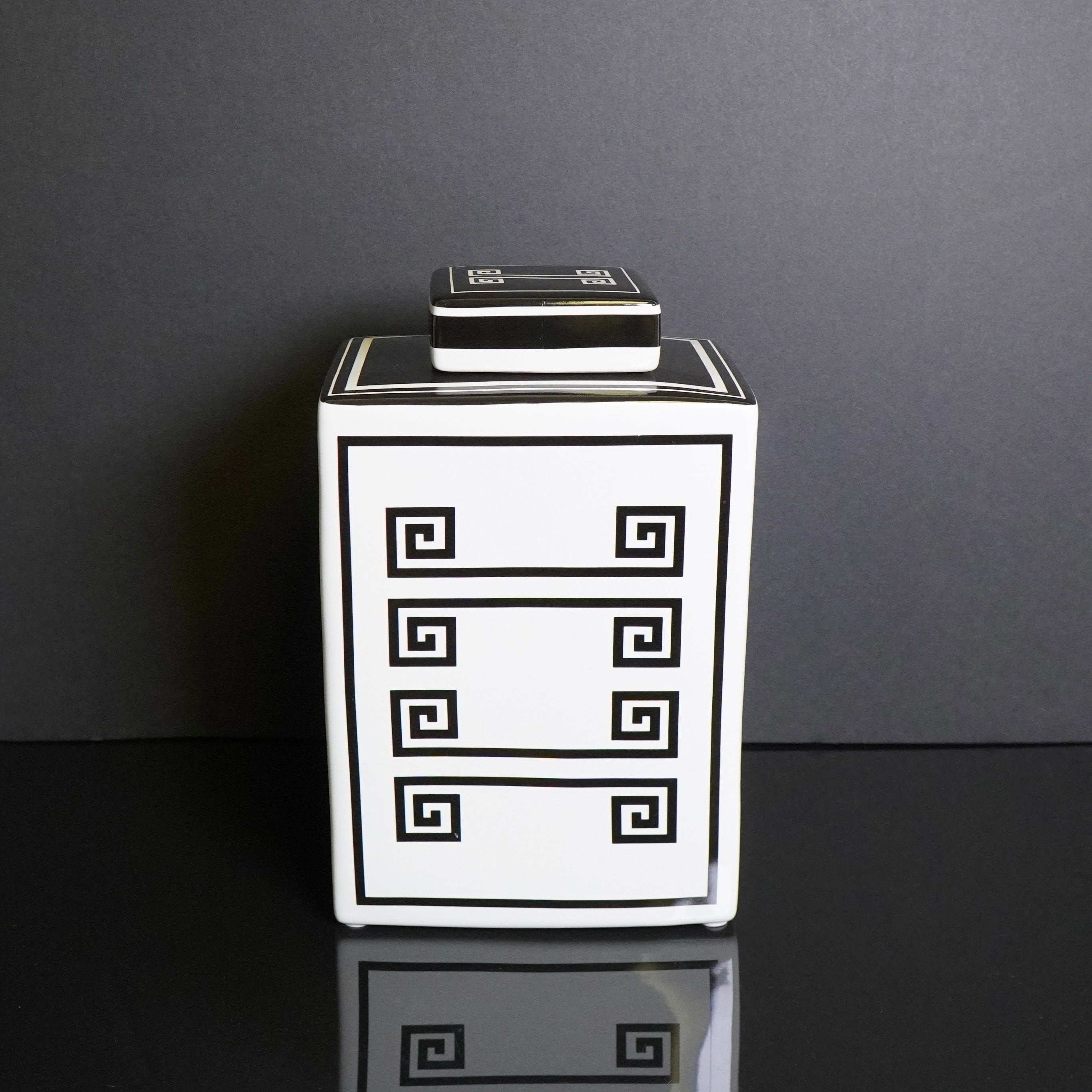 Furnings - Rectangular Ceramic Decorative Jar with White and Black Geometric Design