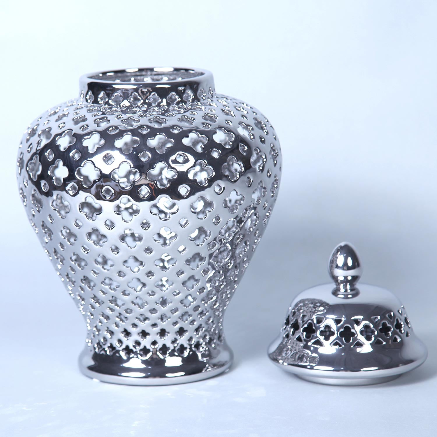 Furnings Silver Ceramic Ginger Jar with Decorative Design