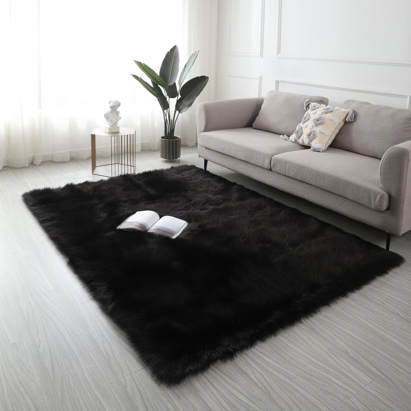 Furnings - Cozy Ultra Soft Fluffy Faux Fur Black Area Rug